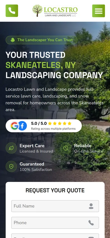 Locastro Lawn and Landscape website on a phone, designed by RACO Marketing